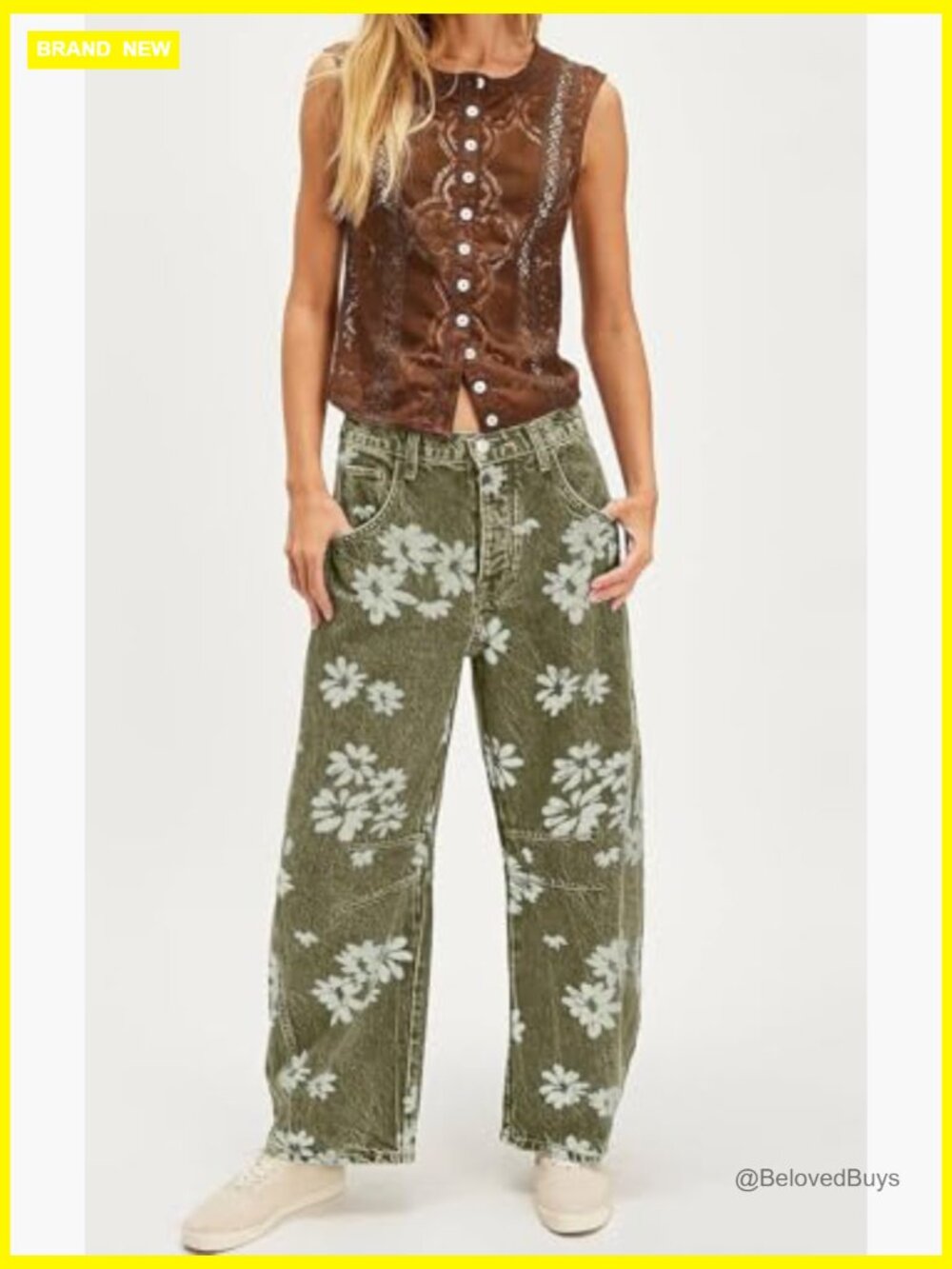 Y2k Distressed Barrel Jeans Baggy Wide Leg Floral Printed Boyfriend Patchwork - Picture 5 of 7